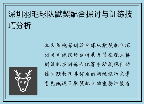 深圳羽毛球队默契配合探讨与训练技巧分析