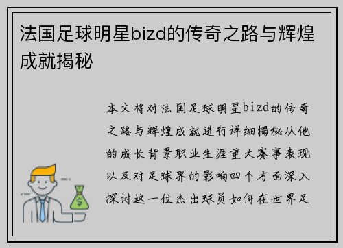 法国足球明星bizd的传奇之路与辉煌成就揭秘