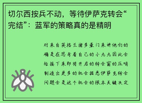 切尔西按兵不动，等待伊萨克转会“完结”：蓝军的策略真的是精明